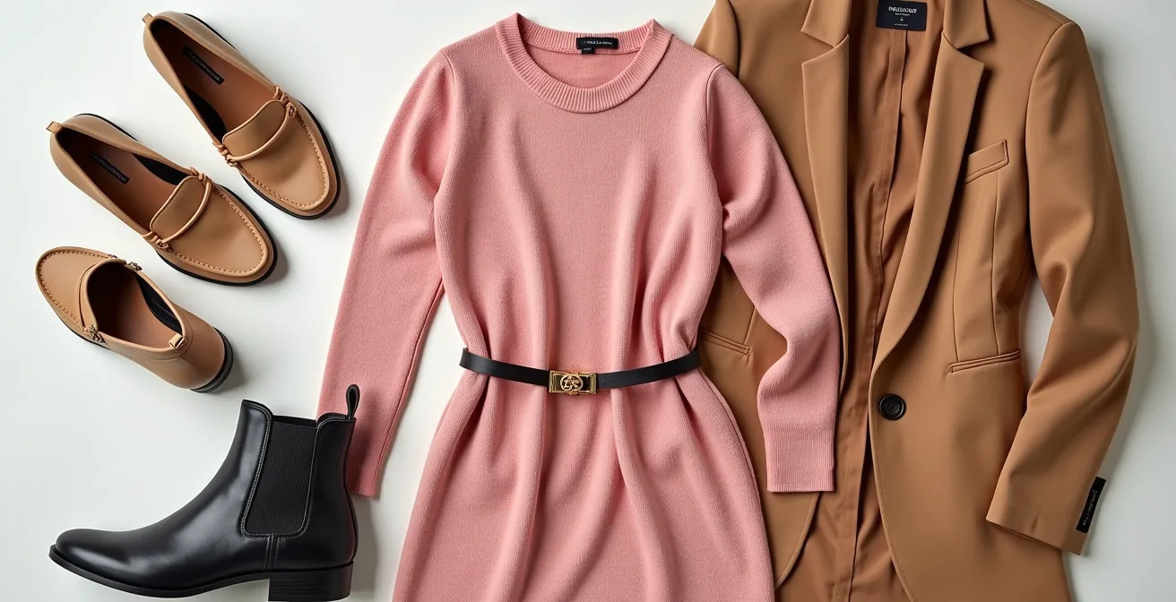 Composition soignée d’accessoires : ceintures, chaussures et vestes coordonnés avec une robe rose en maille