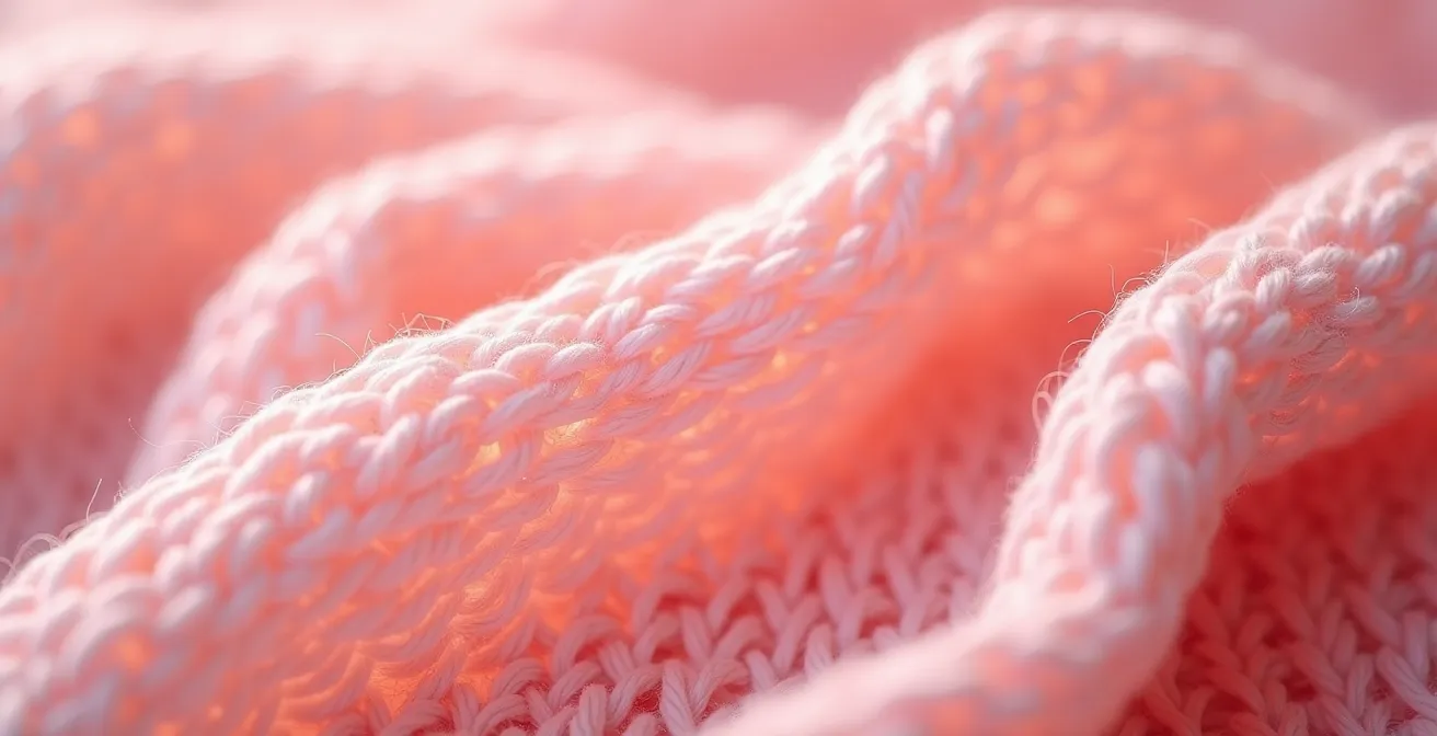 Gros plan sur la texture raffinée d'une maille rose avec des variations de nuance subtile
