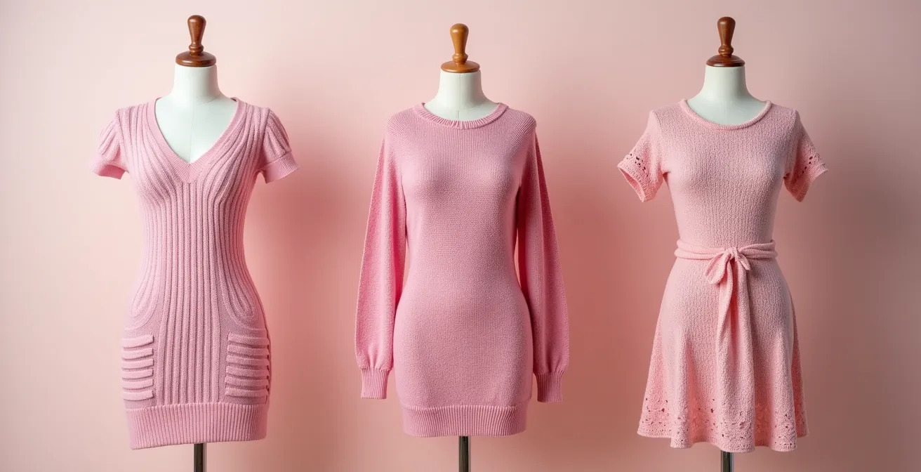 Trois robes en maille rose de coupes et textures variées exposées sur mannequins en studio lumineux