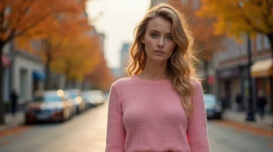 Photographie réaliste d'une robe rose en maille portée dans un cadre urbain élégant avec une lumière douce et chaude d'automne visualisant le confort et le style toute saison