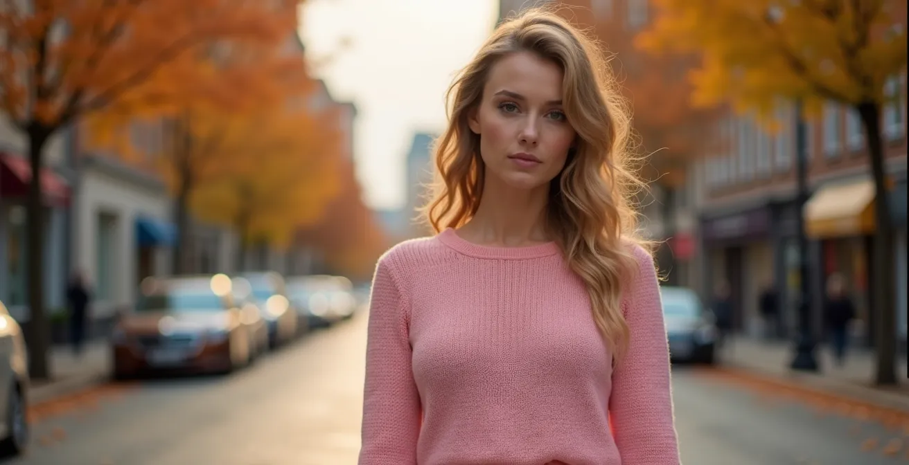 Photographie réaliste d'une robe rose en maille portée dans un cadre urbain élégant avec une lumière douce et chaude d'automne visualisant le confort et le style toute saison